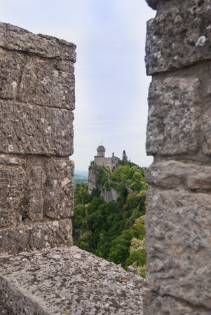 Panorama on Cesta castle on the top of the cliff from the Guaita towerの写真素材