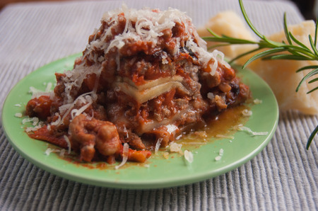Lasagna with aubergines slides and bolognese souceの写真素材