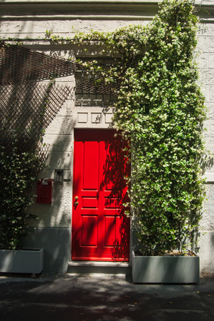 Door of red color with Jasminum officinale climbs close to itの写真素材