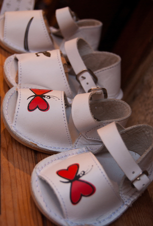 Typical Spanish shoes displayed in a shop windowの写真素材