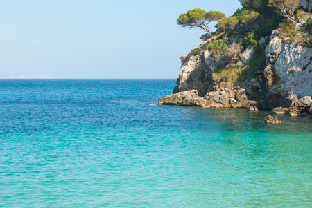 Crystalline light blue sea with mediterranean flora of one of the most famous little cove of islandの写真素材