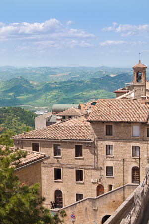 Wide panorama on the cultivated fields and on hills around the center of Italyの写真素材