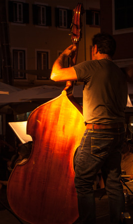 Man playing the double bass during a concert in the open airの写真素材