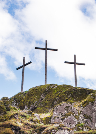 Crosses on the top of a mountainの写真素材