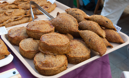Food with meat and peas and wholemeal flour at the weekly marketの写真素材