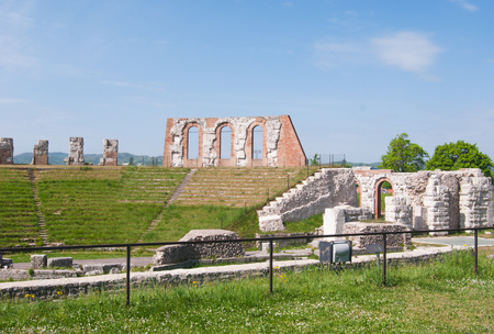 Three arches of an ancient Roman theater still well preservedの写真素材