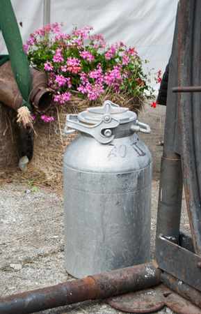 Tin bin once used with a composition of pink geraniums behindの写真素材
