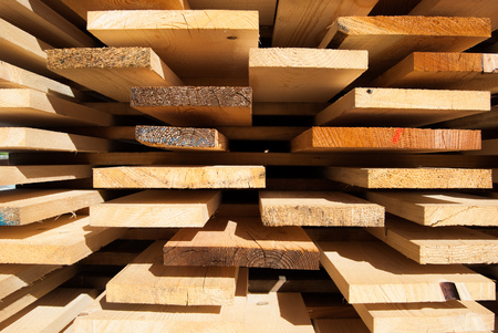 Planks of raw wood neatly arranged in the open air for dryingの写真素材