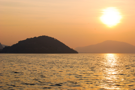 Profile of a small part of the Iseo Lake coast of northern Italyの写真素材