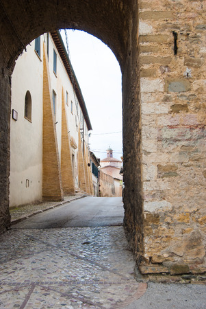 View on Santa Chiara church from the street on a little town near Perugiaの写真素材