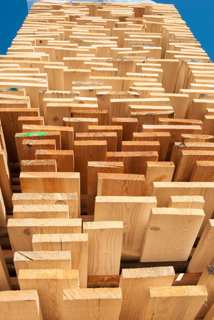 Planks of raw wood neatly arranged in the open air for dryingの写真素材