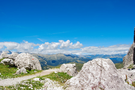 Mountain path for trekking around the Dolomites in Italyの写真素材