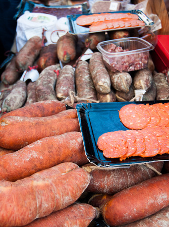 Stand with spicy salami at the local weekly marketの写真素材