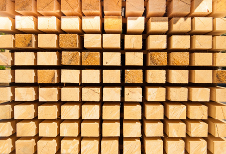 Planks of raw wood neatly arranged in the open air for dryingの写真素材
