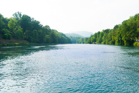 Adda river with lush vegetation on the banks seen from the boatの写真素材