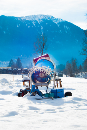 Two large snowmaking system in the mountainsの写真素材