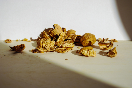 Group of walnuts open and closed illuminated from natural light of the sunの写真素材