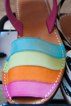 Sequence of Avarcas displayed outside the shoe store in Spainの写真素材
