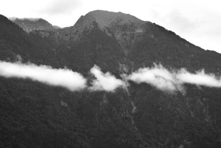 Black and white of a thin line of white clouds over dark silhouettes of pine mountains as a backdropの写真素材
