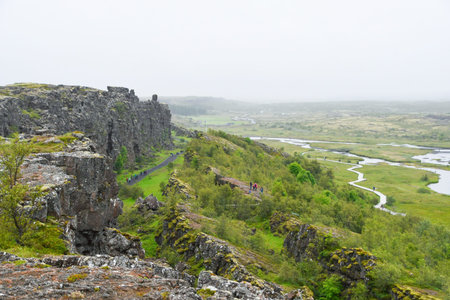 Landscape of the area where the American (left side) and European (right side) tectonic plates are slowly recedingの写真素材