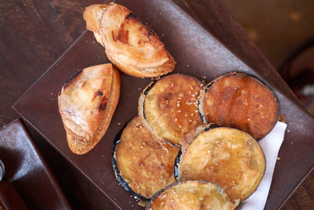 Fried aubergines and vegan croissant