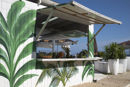 Playa en Bossa, Ibiza, Baleric islands - September 10, 2016: Beach bar in Playa en bossa, Ibizaのeditorial素材