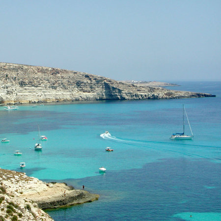 Lampedusa, Italy - September 02, 2002: View of "Tabaccara" beach from aboveの写真素材
