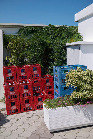 Milano Marittima, Italy - July 23, 2017: Water bottles boxesのeditorial素材