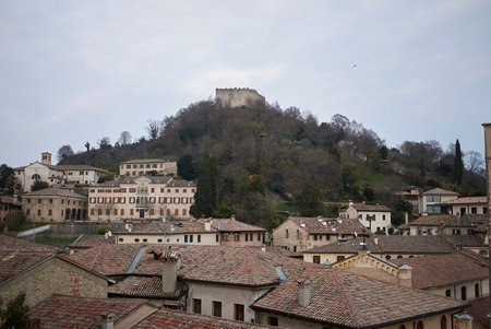 Asolo, Italy: View of Asolo Rocca from Queen Cornaro castleの写真素材