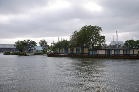 Amsterdam, Netherlands - May 16, 2018: Boat houses in Amsterdam Noordのeditorial素材