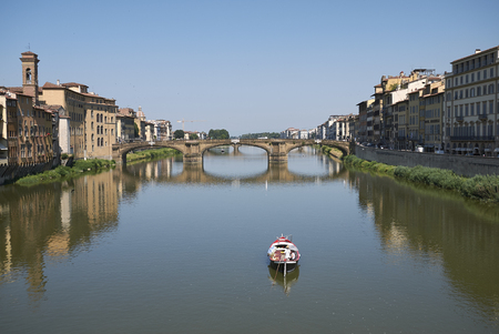 Firenze, Italy - June 21, 2018 : view of Ponte Santa Trinita (Holy Trinity Bridge) from Ponte Vecchioのeditorial素材