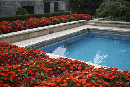 Milan, Italy - July 12, 2018 : View of Villa Necchi Campiglio swimming pool by Piero Portaluppiのeditorial素材