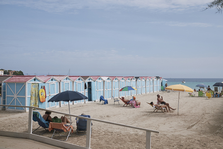 Modello, Italy - September 10, 2018 : View of the beach club changing rooms in Mondelloのeditorial素材