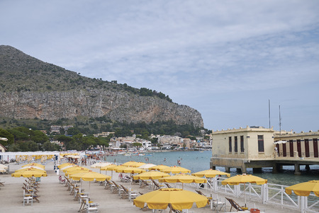 Modello, Italy - September 10, 2018 : Beach of the 'antico stabilimento balneare' of Mondelloのeditorial素材