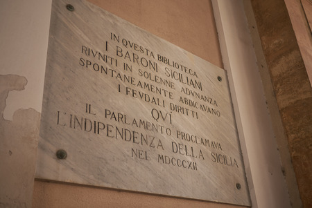 Palermo, Italy - September 07, 2018 : View of Collegio Massimo dei Gesuiti  plaque (Regional Library)のeditorial素材