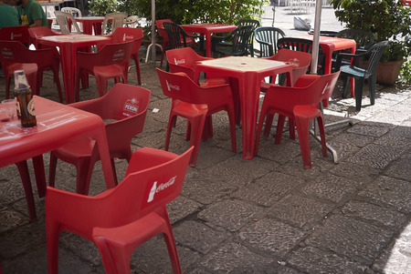 Palermo, Italy - September 07, 2018 : Restaurant tables in La Vucciria marketのeditorial素材