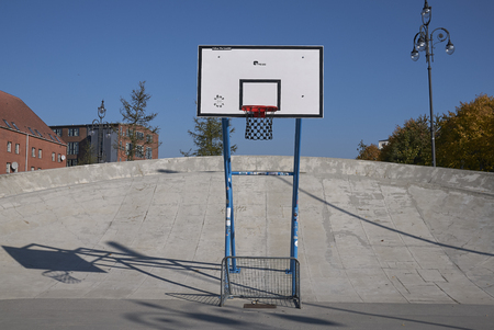 Copenhagen, Denmark - October 11, 2018 : View of a basketball playground in Superkilen parkのeditorial素材