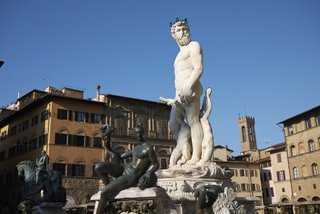 Florence, Italy - April 15, 2019: View of The Fountain of Neptune in Piazza della Signoriaのeditorial素材
