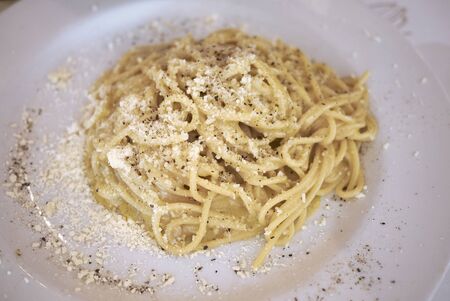 Spaghetti with cheese and pepper, called cacio e pepeの写真素材