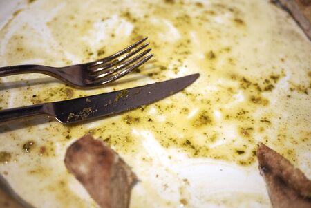 View of food leftovers on a plateの写真素材
