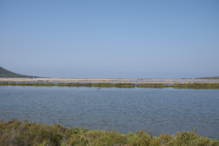 Ibiza, Spain - August 31, 2019  : View of saltworks at Eivissaのeditorial素材
