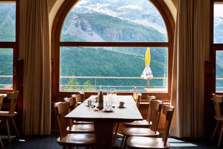 Alp Grum, Switzerland - July 21, 2020: View of Alp Grum restaurant interiorのeditorial素材