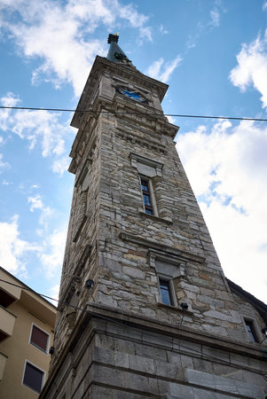 Saint Moritz, Switzerland - July 22, 2020: View of Reformierte Kirche bell tower in Saint Moritzのeditorial素材
