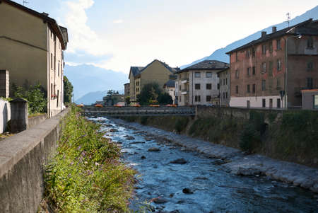 Tirano, Italy - July 20, 2020: View of Adda river in Tiranoのeditorial素材