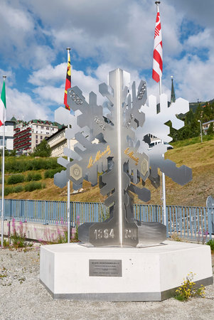 Saint Moritz, Switzerland - July 22, 2020: View of Saint Moritz Winter games sculpture