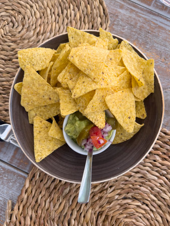 Nachos with guacamole and onionsの写真素材