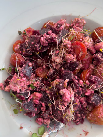 Beetroot salad with feta cheese and sproutsの写真素材