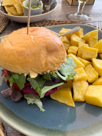 Veggie burger with chips and saladの写真素材