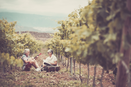 beautiful caucasian couple of adult senior 70 years old enjoy the time in the summer playing an ukulele together in the vineyard. outdoor countryside happy people conceptの写真素材