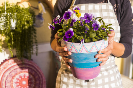 a woman take a vase of violet working at home in the terrace on her little garden. hand made design art with a lot of colors. sunlight and shadowの写真素材
